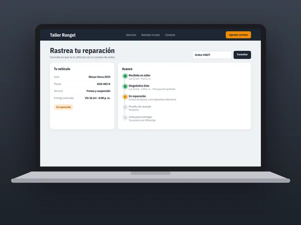 Rastreo de reparaciones en línea para talleres mecánicos con fotos y etapas